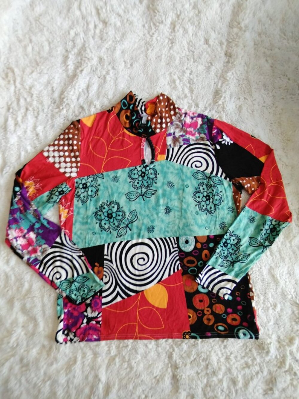 Linea Domani Boho Patchwork Keyhole Neck Top Colorful Art To Wear Womens XL